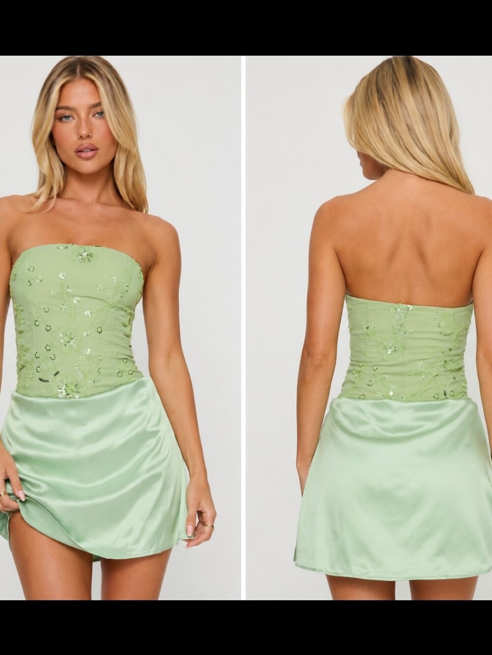 Princess Polly Mint Green Strapless Beaded Satin Mini Dress